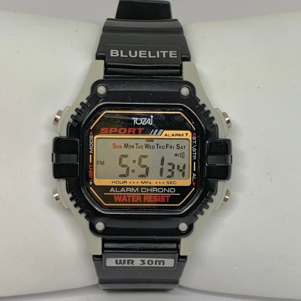 Tozai Black alarm chrono day date  digital Watch 30m WR 42mm case running